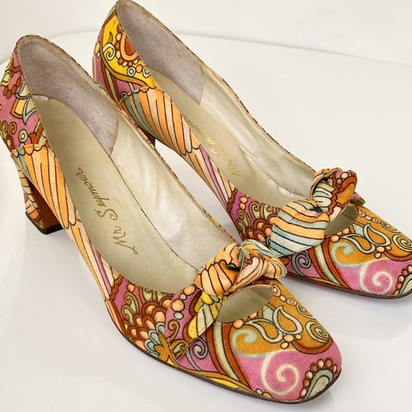 MR SEYMOUR Vintage 60's 70's Psychedelic Floral Bow Pumps Size 10AA RARE - Picture 1 of 15